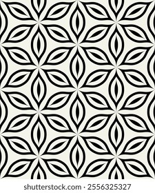 Vector seamless pattern. Monochrome graphic design. Decorative elegant petals. Regular floral background with geometric elements. Contemporary stylish ornament.