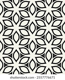 Vector seamless pattern. Monochrome graphic design. Decorative elegant petals. Regular floral background with geometric elements. Contemporary stylish ornament.