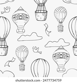 Vector seamless pattern with monochrome hot air balloons. Endless background with contour of airships in cloudy sky hand drawn ink. Vintage aircraft in line art for childhood design. Early aviation