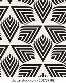 Vector seamless pattern. Monochrome ornament with stylized leaves disposed on hexagonal grid. Geometric stylish background. Vector repeating texture. Modern graphic design.