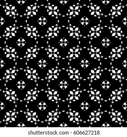 Vector seamless pattern, monochrome ornamental texture. Delicate floral figures, traditional oriental style. Black & white abstract repeat geometrical background. Dark design for decor, print, textile
