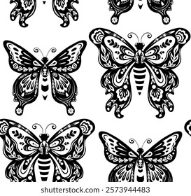 Vector seamless pattern with monochrome tracery butterfly in folk art style. Decorative texture with black flying insect with floral ornament for wrapping paper and textile