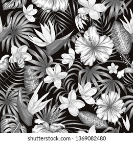 Vector seamless pattern of monochrome tropical leaves with plumeria, strelitzia and hibiscus flowers on black background. Summer or spring repeat vintage tropical backdrop. Exotic jungle ornament