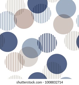 Vector Seamless Pattern. Monotone Blue And Beige Abstract Background With Roundpolka Dots Mix In Stripe. Freshing Color Texture. Stylish Polka Dot On White.