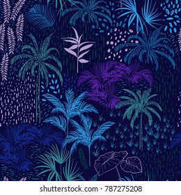 Vector de forma transparente de bosque azul monotónico para las impresiones tropicales de verano mezclado con coloridos puntos de polka de la mano y árboles exóticos.