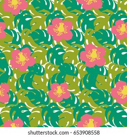 Vector seamless pattern with monster leaves with hibiscus flowers on white background