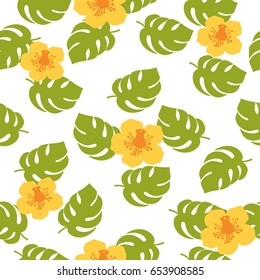Vector seamless pattern with monster leaves with hibiscus flowers on white background