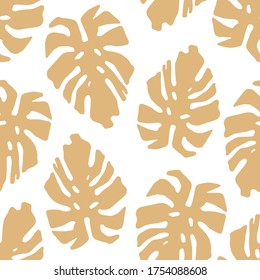 Vector seamless pattern. Monstera leaf silhouette. Minimalist background, modern style. Ornament from the leaves of a tropical plant. Jungle summer drawing. Design for fabric, wrapping paper.