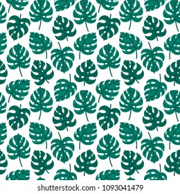 Vector seamless pattern with monstera leaves. Floral repeated texture with palm leaf silhouette. Summer natural background