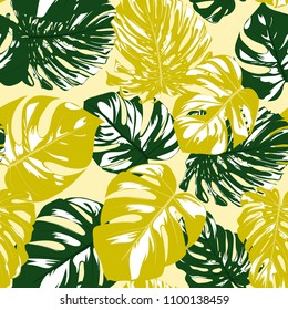 Vector Seamless Pattern with Monstera Leaves. Beautiful Hand-drawn Background with Philodendron in Watercolor Style. Exotic Graphic Illustration with Jungle Foliage. Seamless Tropical Leaf Pattern.