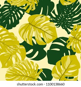 Vector Seamless Pattern with Monstera Leaves. Beautiful Hand-drawn Background with Philodendron in Watercolor Style. Exotic Graphic Illustration with Jungle Foliage. Seamless Tropical Leaf Pattern.