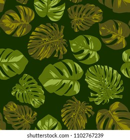 Vector Seamless Pattern with Monstera Leaves. Beautiful Hand-drawn Background with Philodendron in Watercolor Style. Exotic Graphic Illustration with Jungle Foliage. Seamless Tropical Leaf Pattern.