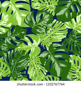 Vector Seamless Pattern with Monstera Leaves. Beautiful Hand-drawn Background with Philodendron in Watercolor Style. Exotic Graphic Illustration with Jungle Foliage. Seamless Tropical Leaf Pattern.