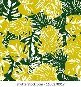 Vector Seamless Pattern with Monstera Leaves. Beautiful Hand-drawn Background with Philodendron in Watercolor Style. Exotic Graphic Illustration with Jungle Foliage. Seamless Tropical Leaf Pattern.