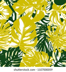 Vector Seamless Pattern with Monstera Leaves. Beautiful Hand-drawn Background with Philodendron in Watercolor Style. Exotic Graphic Illustration with Jungle Foliage. Seamless Tropical Leaf Pattern.