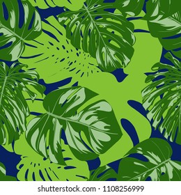 Vector Seamless Pattern with Monstera Leaves. Beautiful Hand-drawn Background with Philodendron in Watercolor Style. Exotic Graphic Illustration with Jungle Foliage. Seamless Tropical Leaf Pattern.