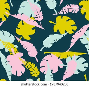 Vector seamless pattern with
 monstera leaves and hand drawn banana branches. Trendy and trendy tropical plant print for boys and girls. Illustration for envelopes, textiles, clothes, notebooks