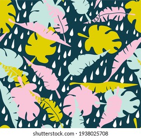 Vector seamless pattern with
 monstera leaves and hand drawn banana branches. Trendy and trendy tropical plant print for boys and girls. Illustration for envelopes, textiles, clothes, notebooks