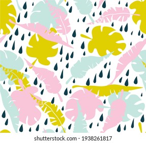 Vector seamless pattern with
 monstera leaves and hand drawn banana branches. Trendy and trendy tropical plant print for boys and girls. Illustration for envelopes, textiles, clothes, notebooks