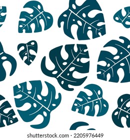 Vektornahtloses Muster mit Monsterblättern. Florale, wiederholte Textur mit Silhouette aus Palmblättern auf weißem Hintergrund.