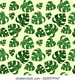 Vector seamless pattern with monstera leaves. Floral repeated texture with palm leaf silhouette. Summer natural background.
