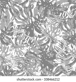 Vector seamless pattern with monstera leaves. Monochrome tropical background with hawaiian palm print. Repeating pattern with tropical leaves.