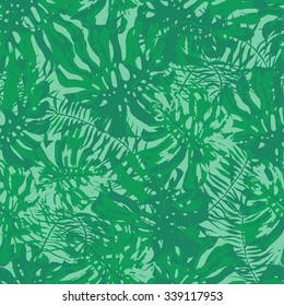 Vector seamless pattern with monstera leaves. Monochrome tropical background with hawaiian palm print. Repeating pattern with tropical leaves.