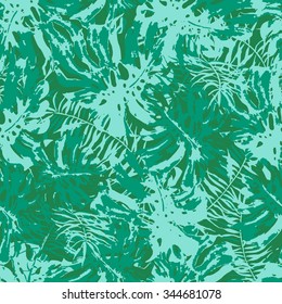 Vector seamless pattern with monstera leaves. Monochrome tropical background with hawaiian palm print. Repeating pattern with tropical leaves.