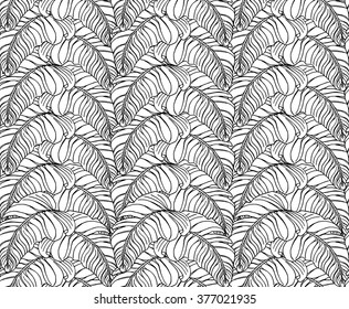 Vector seamless pattern with monstera leaves. Monochrome tropical background with hawaiian palm print. Repeating pattern with tropical leaves.