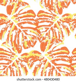 Vector seamless pattern with monstera leaves. Monochrome tropical background with hawaiian palm print.