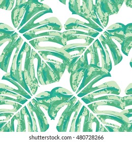 Vector seamless pattern with monstera leaves. Monochrome tropical background with hawaiian palm print.