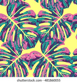 Vector seamless pattern with monstera leaves. Monochrome tropical background with hawaiian palm print.