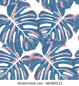 Vector seamless pattern with monstera leaves. Monochrome tropical background with hawaiian palm print.