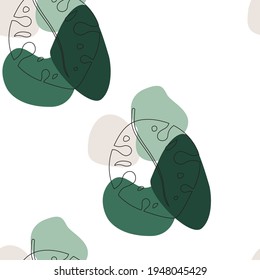 Vector seamless pattern with monstera list and four abstract geometric figures on the white background. Template for fabric and book covers. Modern fabric design.