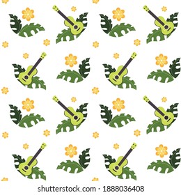 Vector seamless pattern with monstera and ukulele. Tropical leaves and flowers wallpaper. Musical instruments on a white background.