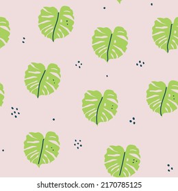 Vector seamless pattern with monsterra tropical leaves on pastel color background. Tropical leaves pattern