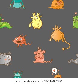 Vector seamless pattern with monsters on dark background. Cute cartoon fantastic animals. Doodle style. Contour colorful imagel.