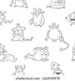 Vector seamless pattern with monsters on white background. Cute cartoon fantastic animals. Doodle style. Contour imagel.