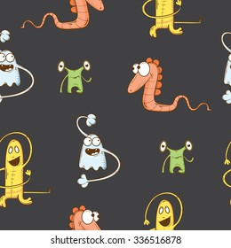 Vector seamless pattern with monsters on dark background.