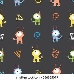 Vector seamless pattern with monsters on dark background.