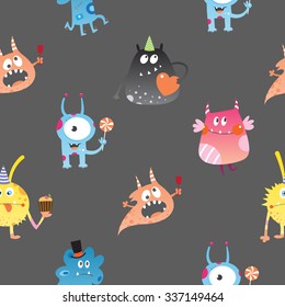 Vector seamless pattern with monsters on dark background.