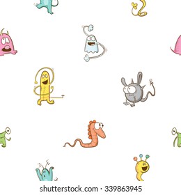 Vector seamless pattern with monsters on white  background.