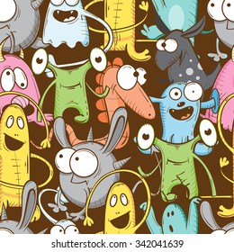 Vector seamless pattern with monsters on dark background.