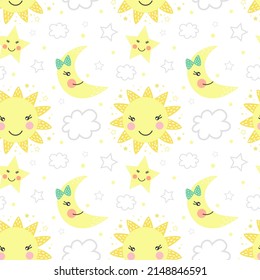 Vector seamless pattern of month, moon, clouds. Spring background.