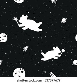 Vector seamless pattern with Moon, bears, saturn, rockets and stars. Inspirational night sky magic background