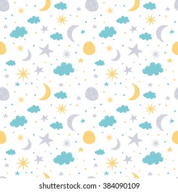 Vector seamless pattern with moon, cloud and stars. Children vector illustration on white background.