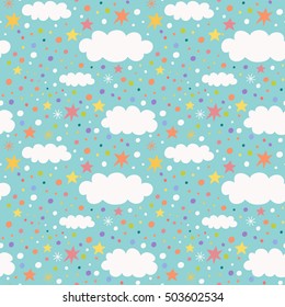 Vector seamless pattern with moon, cloud and stars. Children vector illustration.