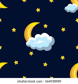 vector seamless pattern with the moon; clouds and stars on a dark blue background. Celestial Bodies in golden color