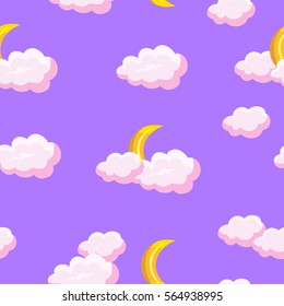 vector seamless pattern with moon and clouds on a purple background. evening sky in pink colors in a cartoon style. cute pattern for children