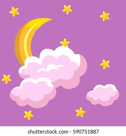 vector seamless pattern with the moon; clouds and stars on a dark blue background. night sky with the moon and stars in a cartoon style. Celestial Bodies in golden color